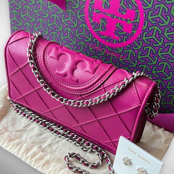 AUTH. NWT Tory Burch Pink Fleming Soft Crossbody Bag & Silver Kira Studs $576 - Picture 17 of 17